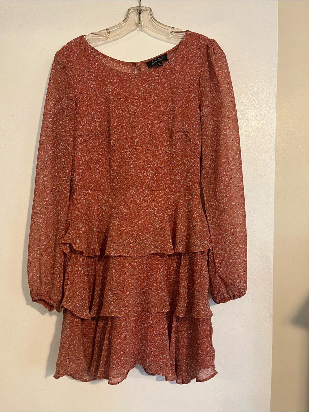 Trixxi Rust Floral Tiered Peplum Long-Sleeve Dress